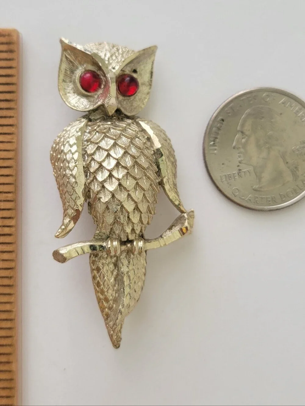 Vintage Signed BSK Gold-tone Owl Brooch W/ Red Glass Eyes